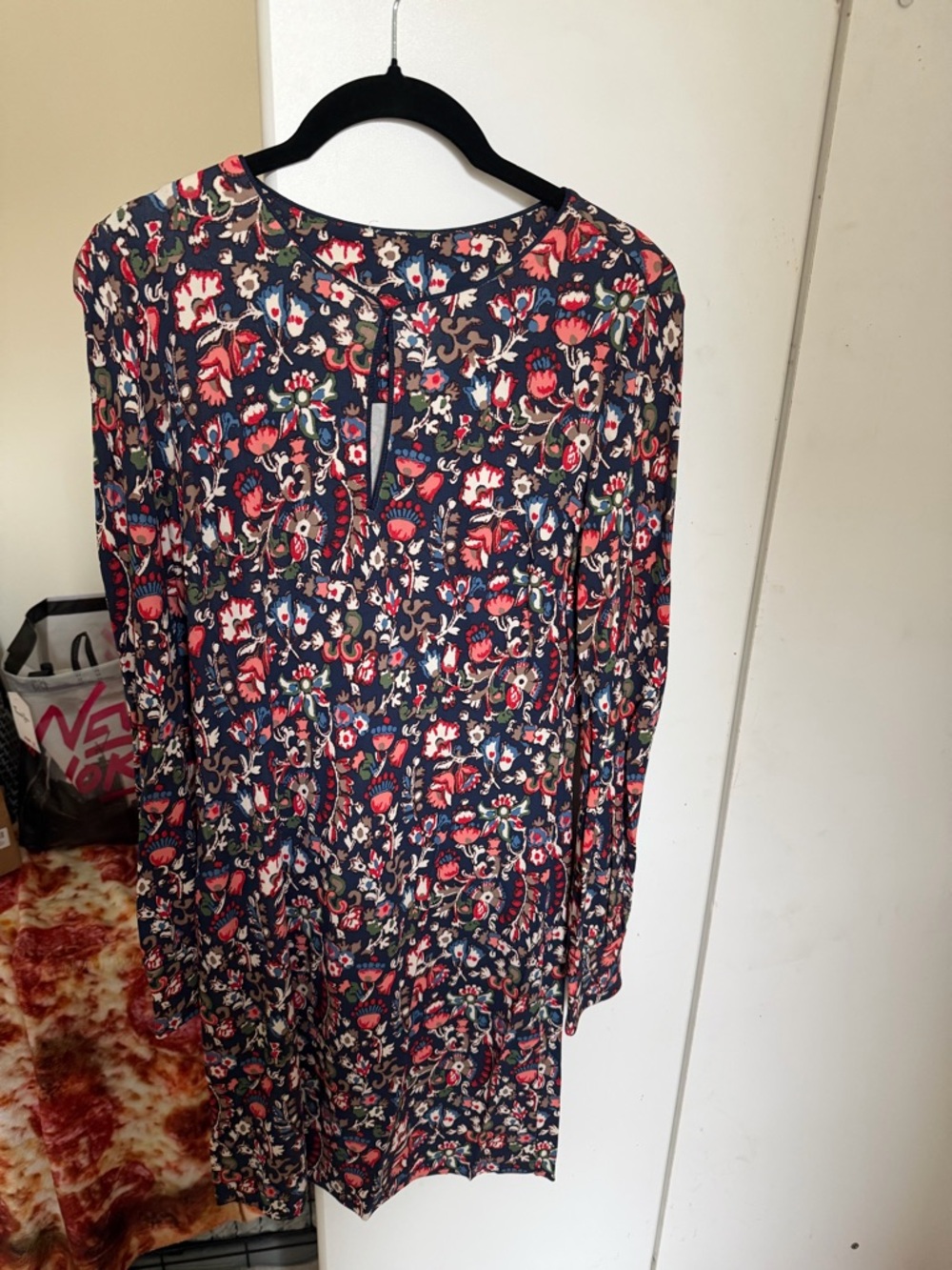 Tory Burch Navy Floral Print Dress with Red and Green Accents